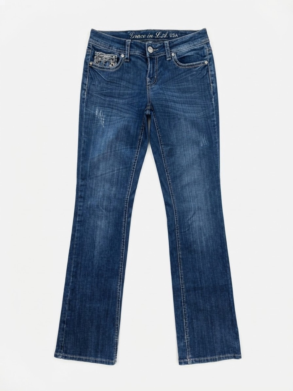 Grace in L.A. Women's Bootcut Embellished Pocket Jeans - Medium Wash size 3